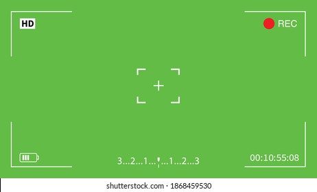 Rec or recording video. Camera rec viewfinder with digital focus and exposure settings. HD camera video viewfinder. Green screen. Vector stock