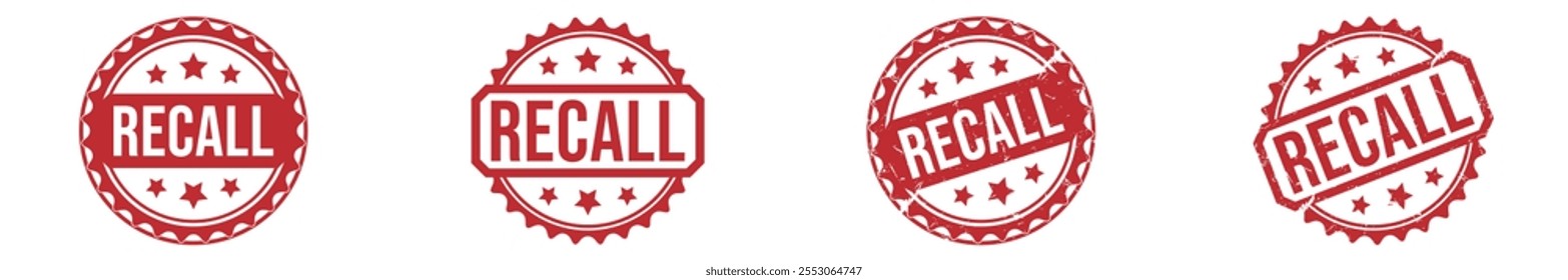 ERINNERN Roter Gummistempel auf weißem Hintergrund. Stempelzeichen RECALL. RECALL-Stempel.