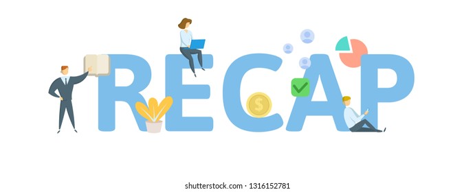 RECAP. Concept with people, letters and icons. Colored flat vector illustration. Isolated on white background.
