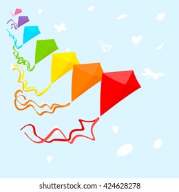Receding line of colorful kites with trailing tails in the colors of the rainbow on a blue sky with insects and stars