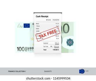 Receipt with 100 Euro Banknote. Flat style sales printed shopping paper bill with red tax free stamp. Shopping and sales concept. 