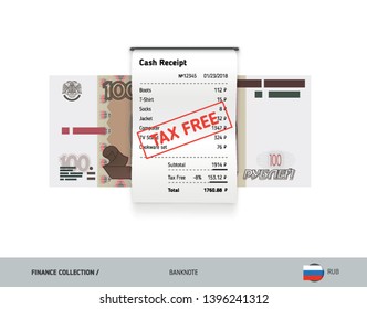 Receipt with 100 Russian Ruble banknote. Flat style sales printed shopping paper bill with red tax free stamp. Shopping and sales concept.