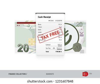 Receipt with 20 Turkish Lira Banknote. Flat style sales printed shopping paper bill with red tax free stamp. Shopping and sales concept.