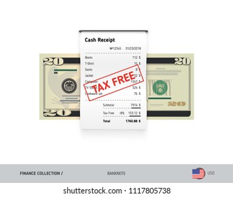 Receipt with 20 US Dollar Banknote. Flat style sales printed shopping paper bill with red tax free stamp. Shopping and sales concept.
