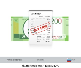 Receipt with 200 Russian Ruble banknote. Flat style sales printed shopping paper bill with red tax free stamp. Shopping and sales concept.
