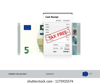 Receipt with 5 Euro Banknote. Flat style sales printed shopping paper bill with red tax free stamp. Shopping and sales concept.