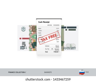 Receipt with 5 Russian Ruble banknote. Flat style sales printed shopping paper bill with red tax free stamp. Shopping and sales concept.