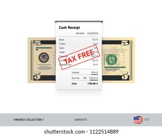 Receipt With 5 US Dollar Banknote. Flat Style Sales Printed Shopping Paper Bill With Red Tax Free Stamp. Shopping And Sales Concept. 