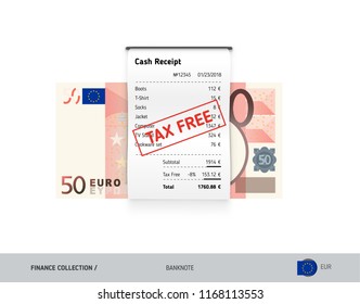 Receipt with 50 Euro Banknote. Flat style sales printed shopping paper bill with red tax free stamp. Shopping and sales concept.