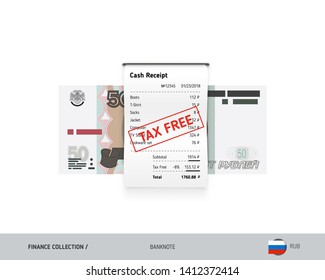 Receipt with 50 Russian Ruble banknote. Flat style sales printed shopping paper bill with red tax free stamp. Shopping and sales concept.