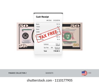Receipt with 50 US Dollar Banknote. Flat style sales printed shopping paper bill with red tax free stamp. Shopping and sales concept. 