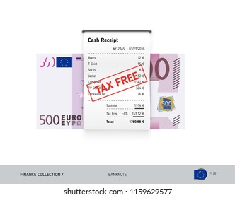 Receipt with 500 Euro Banknote. Flat style sales printed shopping paper bill with red tax free stamp. Shopping and sales concept.