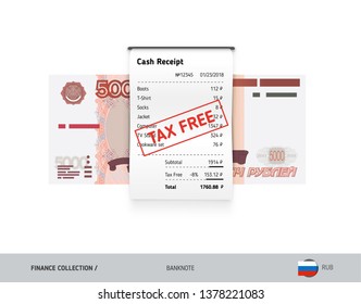 Receipt with 5000 Russian Ruble banknote. Flat style sales printed shopping paper bill with red tax free stamp. Shopping and sales concept.