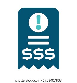 A receipt with an alert symbol represents an overdue bill or unpaid invoice. This graphic suits payment reminders, collection workflows, accounting dashboards, and finance service materials
