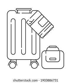 Receipt of baggage icon vector in outline style. Bags, luggage and pass are sown.