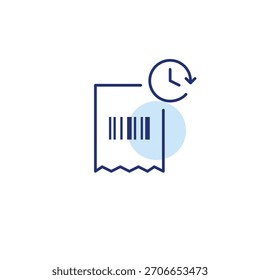 Comprobante con código de barras y reloj. Facturación cronometrada, pagos programados, plazos de Completar compra de compras. Icono de Vector de trazo perfecto y editable