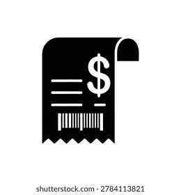 Receipt with Barcode and Currency Dollar Sign Icon. Black filled icon of a financial sales docket featuring transaction tracking lines and a dollar emblem