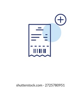 Comprobante con código de barras y símbolo más. Completar compra rápido, agregue posiciones al Carrito de compras. Icono de Vector de trazo perfecto y editable