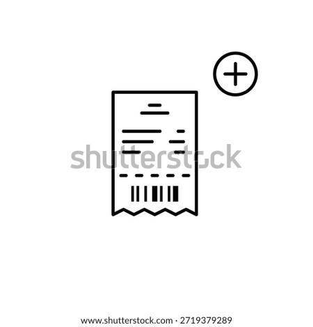 Receipt with barcode and plus symbol. Fast checkout, add positions to shopping cart. Pixel perfect, editable stroke vector icon