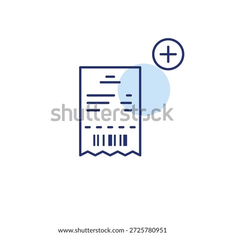 Receipt with barcode and plus symbol. Fast checkout, add positions to shopping cart. Pixel perfect, editable stroke vector icon