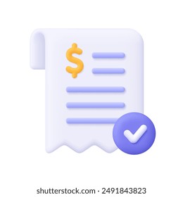 Receipt bill with check mark. Approved invoice bill. Finance, banking and payment transaction concept. 3d vector icon. Cartoon minimal style.