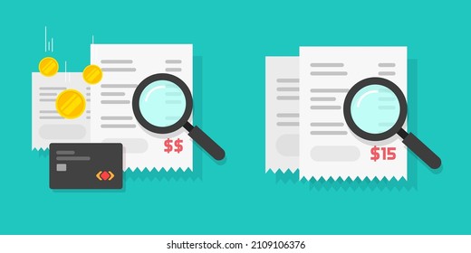 Receipt Bill Expenses Check Via Magnifier Glass Or Payment Order Cost Audit Review Flat Cartoon Icon, Concept Of Invoice Pay Verify Or Financial Money Cash Spent Analysis 
