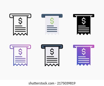 Receipt Bill Icon Set With Line, Outline, Flat, Filled, Glyph, Color, Gradient. Editable Stroke And Pixel Perfect. Can Be Used For Digital Product, Presentation, Print Design And More.