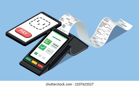 Receipt bill isometric contactless payment composition with nfc smartphone and payment terminal with long paper strip vector illustration