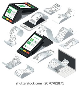 Receipt bill isometric set of isolated icons with paper reel and contactless payment devices with shadows vector illustration