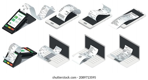 Conjunto isométrico de la factura de recibos de iconos aislados con terminales de pago smartphones y laptops con ilustración del vector de carrete de papel