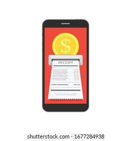 Factura de recibo en la pantalla del teléfono inteligente. Facturación en línea, comprobación de facturas o recibos de pago notificación móvil. Aplicación bancaria móvil, concepto de centro fiscal.Ilustración vectorial en estilo plano. EPS 10.