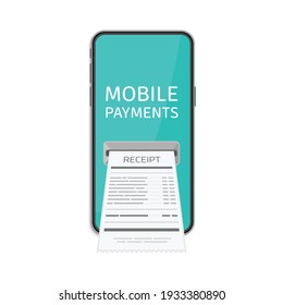 Receipt Bill On Smartphone Screen. Billing Check Online, Bills Checking Or Paycheck Receipts Mobile Notification. Mobile Bank App, Tax Center Concept. Vector Illustration In Flat Style. EPS 10.