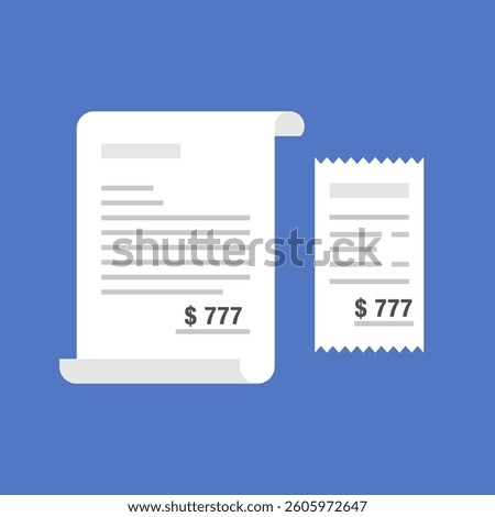 Receipt and Bill Pair Showing Matching $777 Values on Blue Background in Clean Flat Illustration