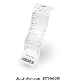 Receipt or bill realistic template. 3d paper payment check. Supermarket or shop purchase cheque. Vector illustration.