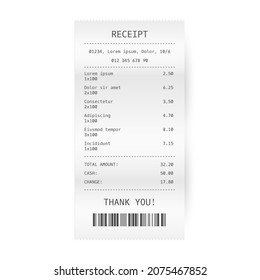 Receipt or bill realistic template. Paper payment check. Supermarket or shop purchase cheque. Vector illustration.