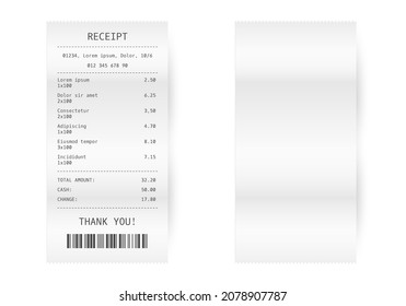 Receipt or bill realistic template. Paper payment check blank. Supermarket or shop purchase cheque. Vector illustration.