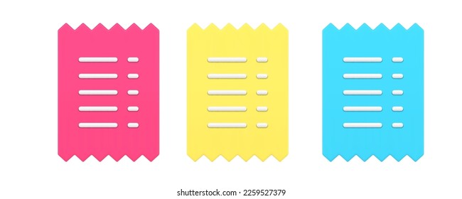 Receipt bill shopping paper document financial banking transaction verification 3d icon set realistic vector illustration. Invoice commercial ragged doc purchase payment transfer approval confirmation