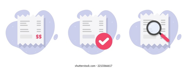 Receipt bill tax invoice vector graphic set or order completed check mark tick and verified fraud passed inspection flat modern design illustration, money cash transaction paper