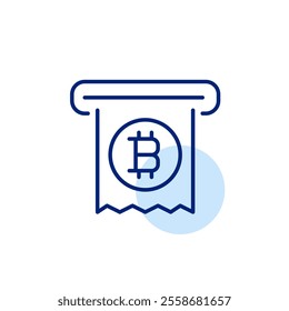 Receipt with bitcoin symbol in ATM slot. Crypto currency payment or cash out. Pixel perfect, editable stroke icon