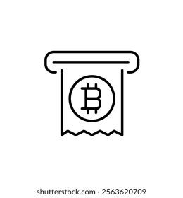 Receipt with bitcoin symbol in ATM slot. Crypto currency payment or cash out. Pixel perfect vector icon