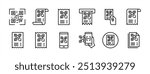 Receipt code or number thin line icon set. Containing payment barcode, paying or purchase code scanning, mobile phone scanner. Vector illustration