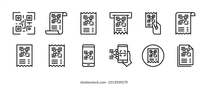 Código de recebimento ou conjunto de ícones de linha fina numérica. Contendo código de barras de pagamento, digitalização de código de pagamento ou compra, scanner de telefone celular. Ilustração vetorial