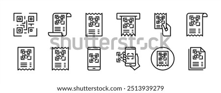 Receipt code or number thin line icon set. Containing payment barcode, paying or purchase code scanning, mobile phone scanner. Vector illustration