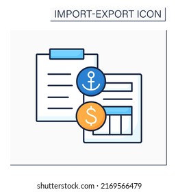 Receipt color icon. Legal document between shipper and carrier. Ship cargo detailed list. Bill of lading given by ship master. Import and export concept. Isolated vector illustration