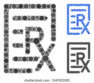 Receipt composition of filled circles in variable sizes and color hues, based on receipt icon. Vector filled circles are combined into blue mosaic. Dotted receipt icon in usual and blue versions.