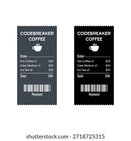 Diseño Comprobante para cafetería con código de barras y lista de pedidos en estilo plano oscuro