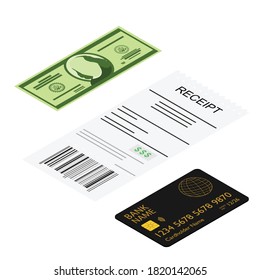 Receipt, dollar banknote and bank credit card. Isometric view. Vector