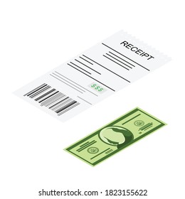 Receipt and dollar banknote. Isometric view. Vector