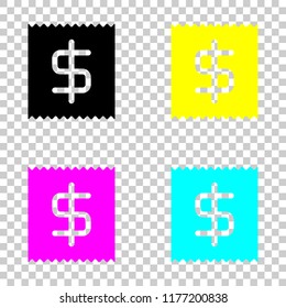 Receipt with dollar symbol. Colored set of cmyk icons on transparent background