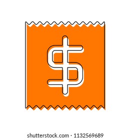 Receipt with dollar symbol. Isolated icon consisting of black thin contour and orange moved filling on different layers. White background